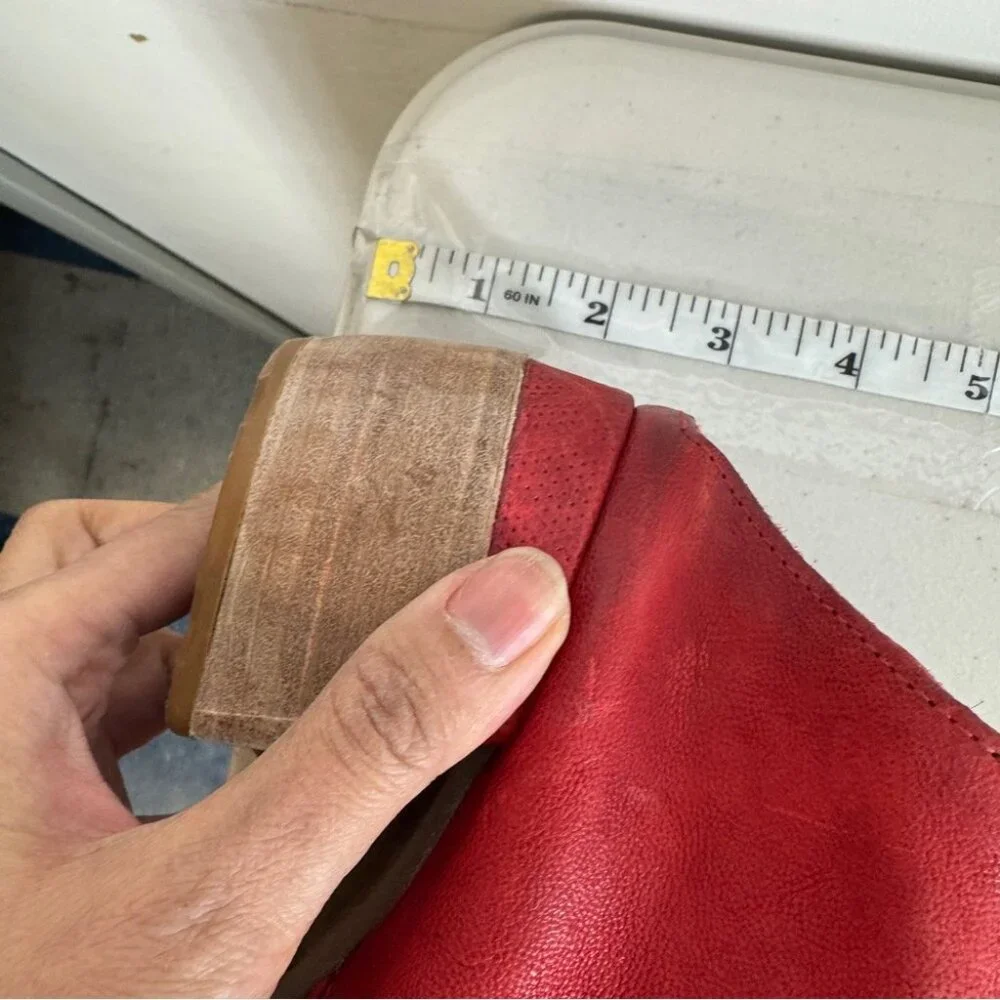 AS98 Red Leather Peep Toe Mules Size 38 Block Heel Boho Hippie Lagenlook - Picture 12 of 16